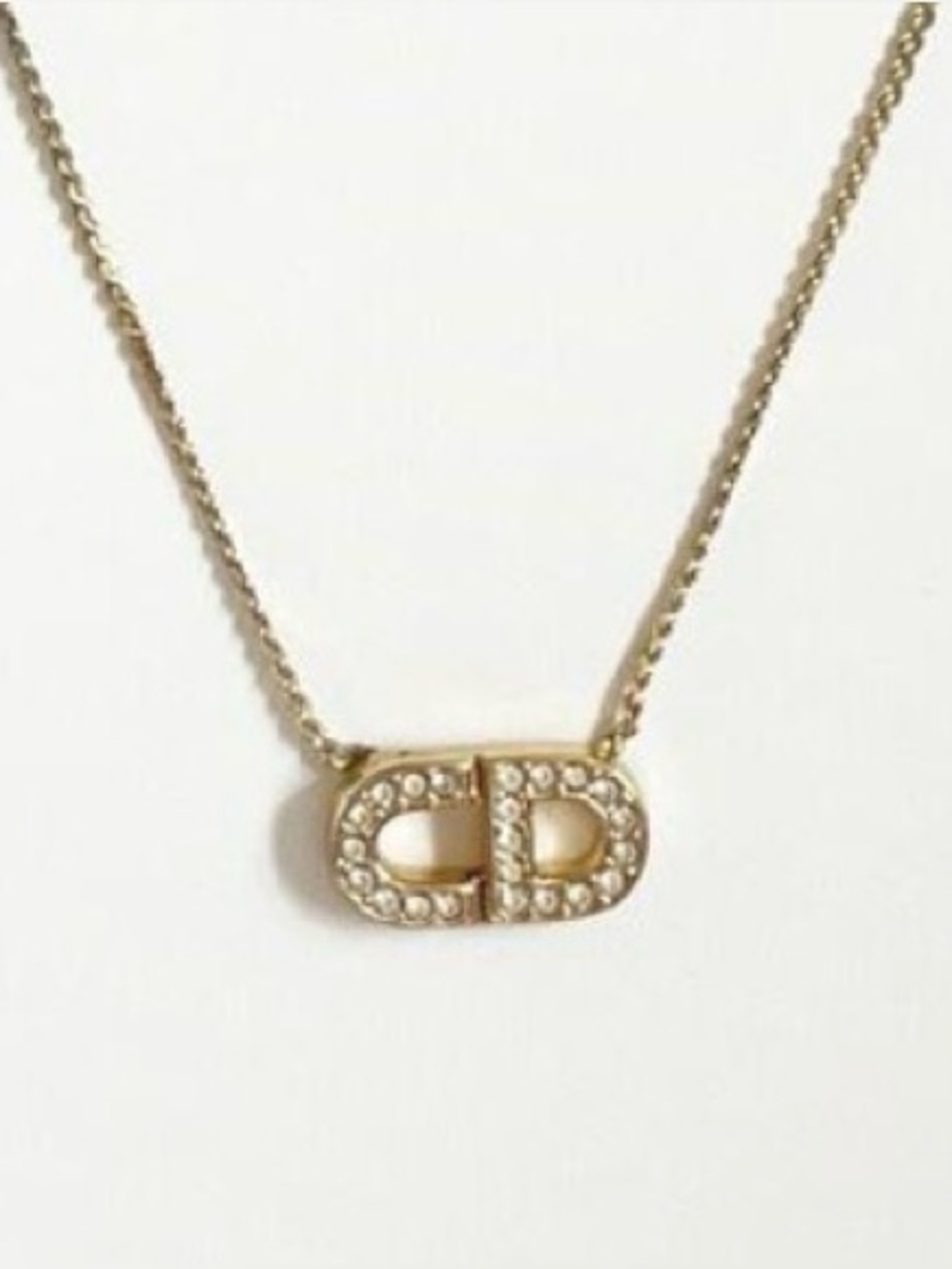 DIOR Vintage Gold Tone Diamante Logo Pendant Necklace